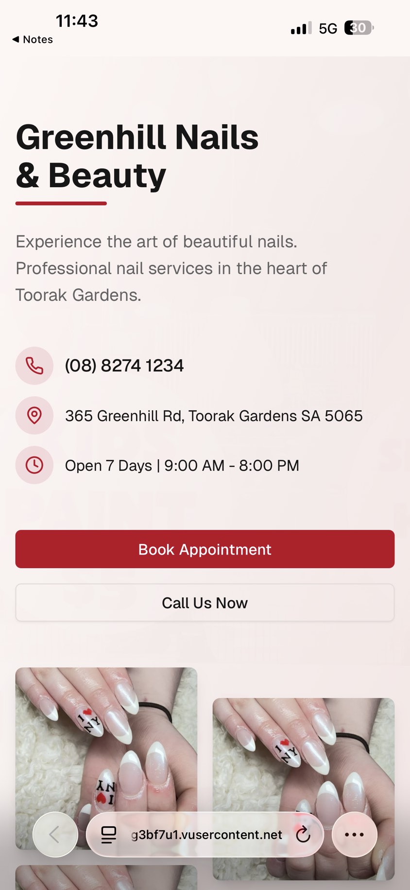 Greenhill Nails & Beauty mobile website showing booking page